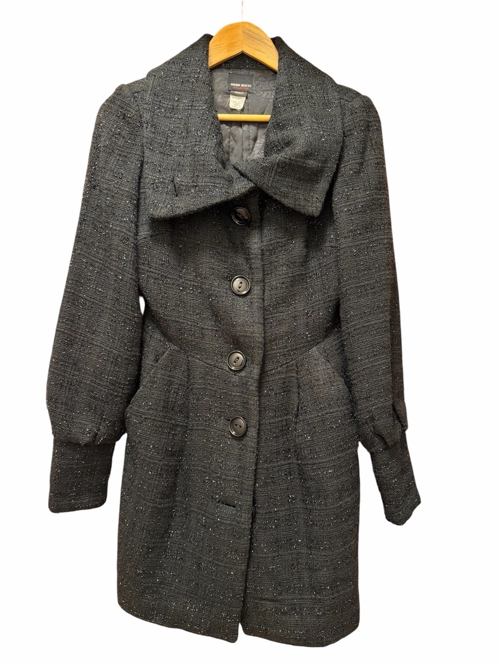 Miss Sixty Black Tweed Pea Coat with Statement Collar - Make an Offer